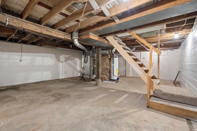 basement featuring heating unit and gas water heater