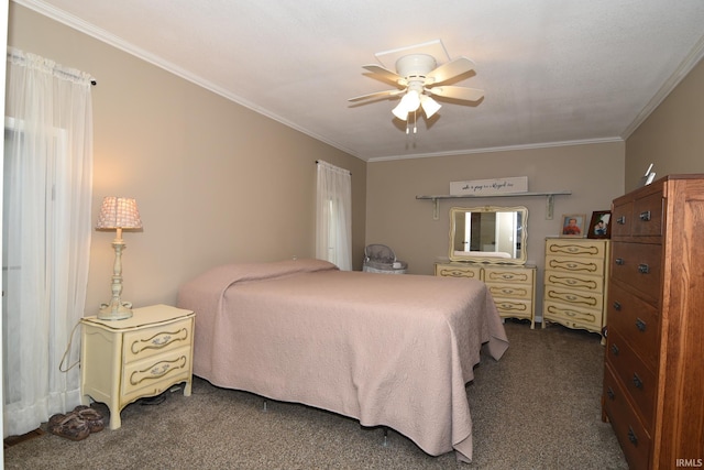 bedroom with carpet floors, ceiling fan, and ornamental molding