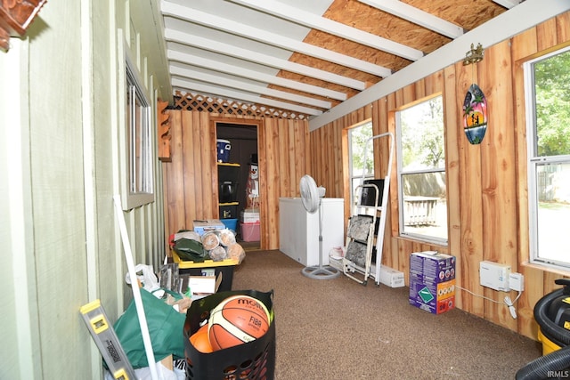 miscellaneous room featuring carpet flooring, a healthy amount of sunlight, and beamed ceiling