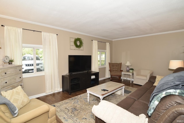 living room featuring ornamental molding, dark hardwood / wood-style flooring, and a healthy amount of sunlight