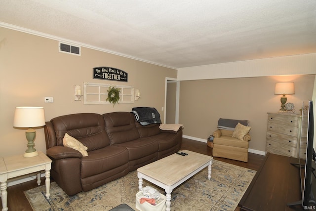 living room featuring a textured ceiling, hardwood / wood-style flooring, and ornamental molding