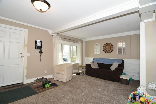 living room featuring carpet floors and crown molding