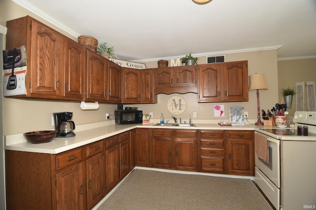 kitchen featuring white range with electric stovetop, kitchen peninsula, sink, and ornamental molding