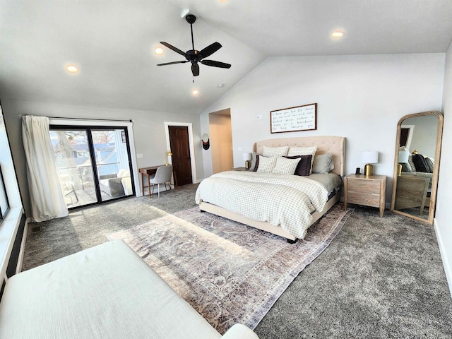 carpeted bedroom featuring access to outside, high vaulted ceiling, and ceiling fan