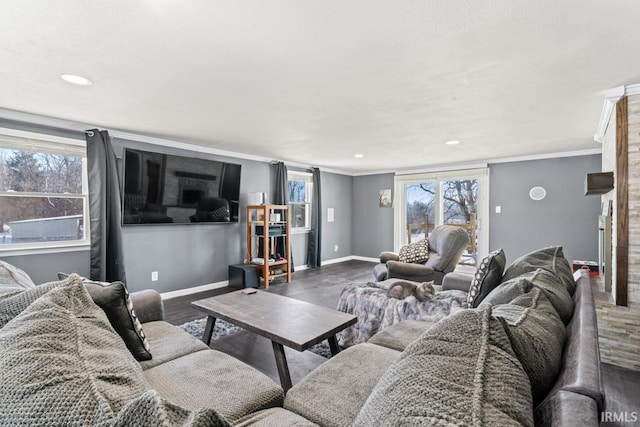 living room featuring hardwood / wood-style floors and ornamental molding