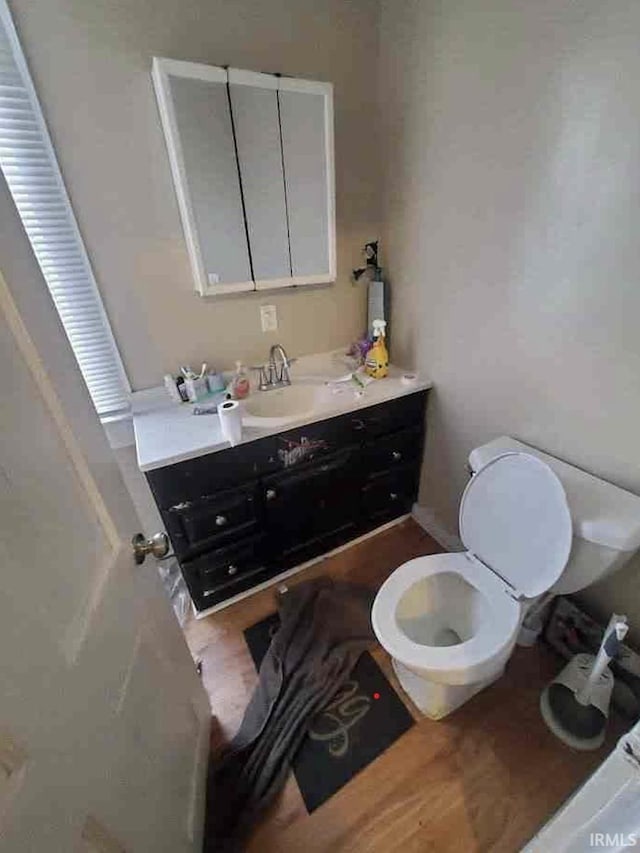 bathroom featuring hardwood / wood-style flooring, vanity, and toilet