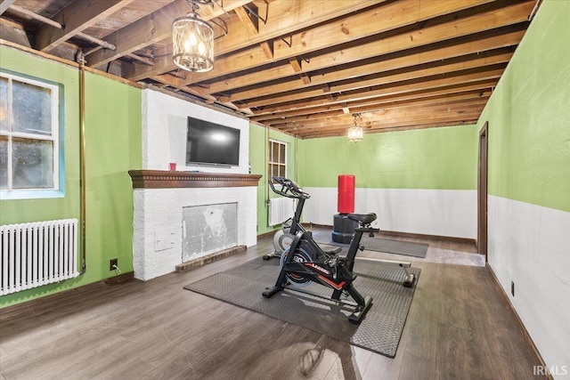 workout room with radiator heating unit and wood-type flooring