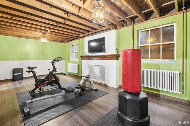 workout room featuring radiator heating unit and hardwood / wood-style flooring