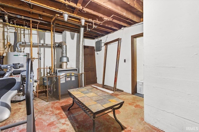 basement featuring electric panel and water heater