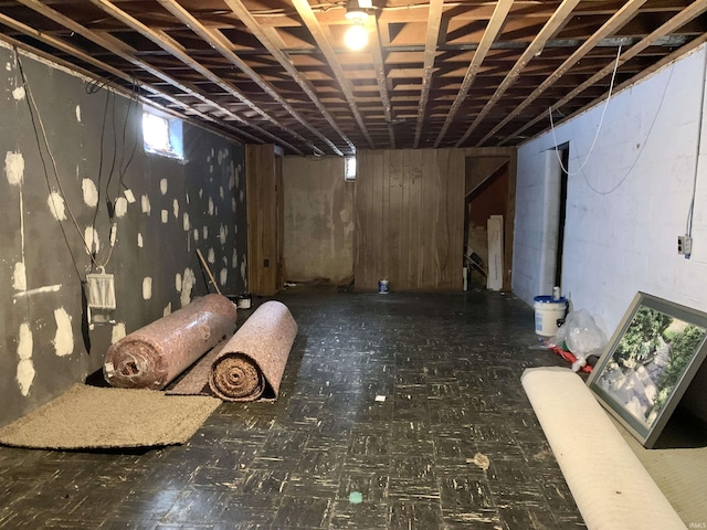 basement with wood walls