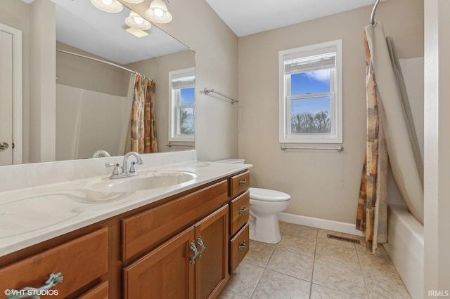 full bathroom with visible vents, baseboards, toilet, tile patterned flooring, and vanity