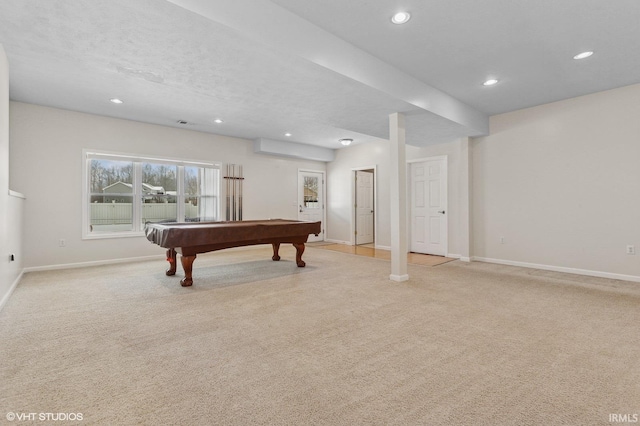 rec room featuring recessed lighting, light carpet, billiards, and baseboards