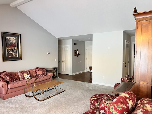 living room featuring lofted ceiling with beams and dark colored carpet