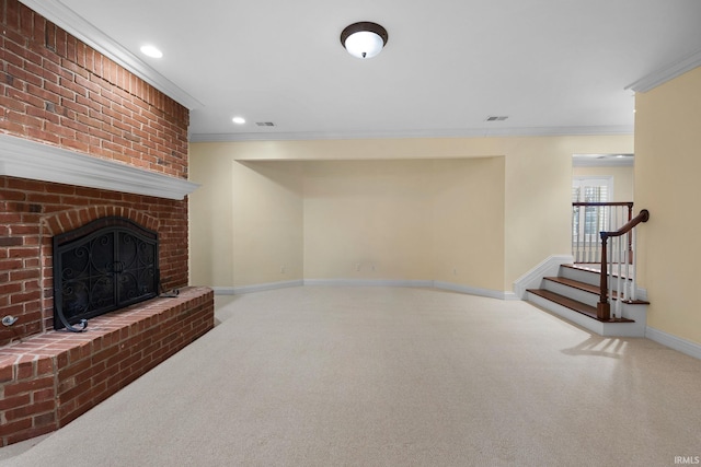 living room featuring carpet floors, crown molding, and a brick fireplace