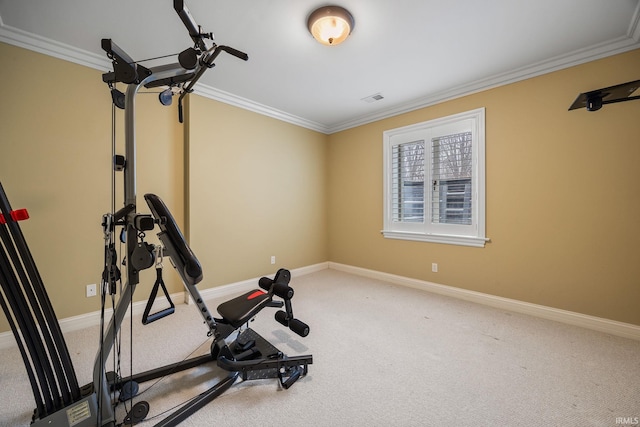 exercise room with carpet and crown molding