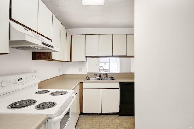 kitchen with black dishwasher, white cabinetry, white range with electric cooktop, and sink