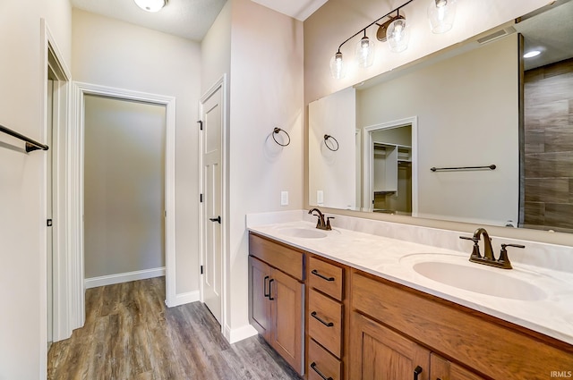 bathroom with wood-type flooring and vanity