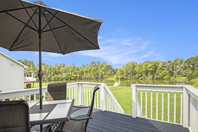 wooden terrace with a lawn and a water view