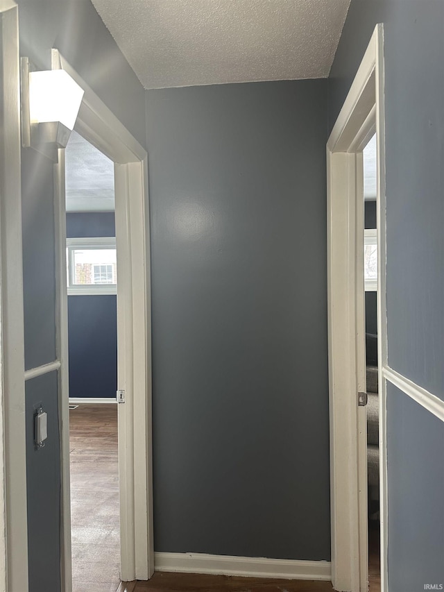 corridor featuring a textured ceiling and hardwood / wood-style flooring