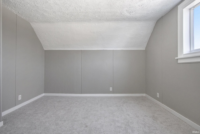 additional living space featuring light colored carpet, a textured ceiling, and vaulted ceiling