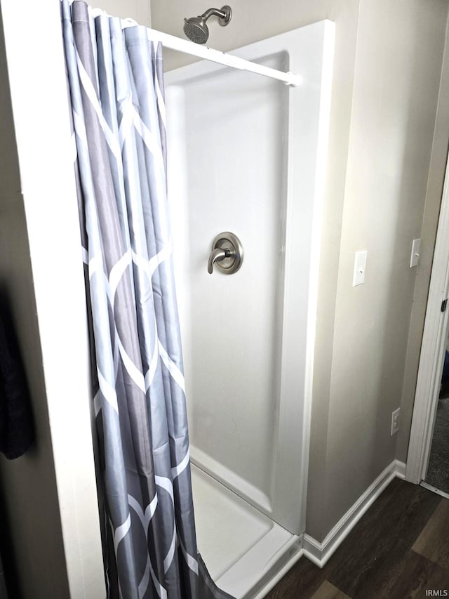 bathroom featuring wood-type flooring and a shower with shower curtain