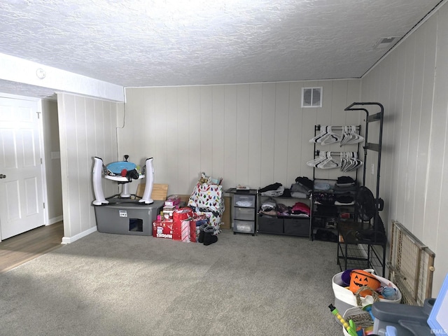 basement with carpet floors, a textured ceiling, and wooden walls