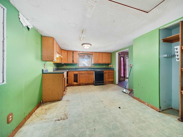 kitchen featuring a textured ceiling, black dishwasher, and sink