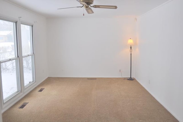 carpeted empty room with ceiling fan, plenty of natural light, and crown molding