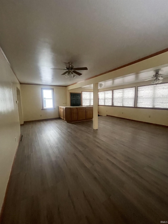 interior space with ceiling fan, crown molding, and dark wood-type flooring