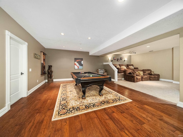 playroom with dark hardwood / wood-style flooring and billiards