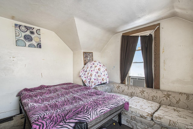 bedroom with carpet flooring, cooling unit, and lofted ceiling