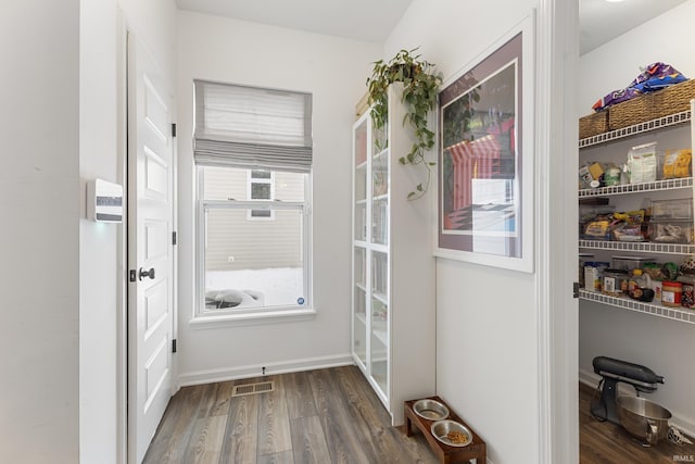 entryway featuring baseboards, visible vents, and wood finished floors