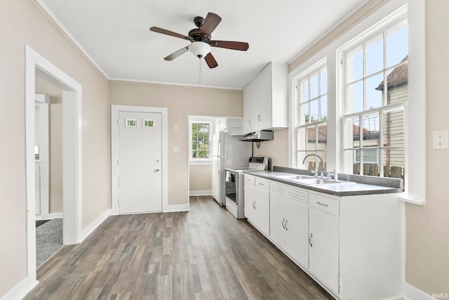 kitchen featuring white range with electric stovetop, ceiling fan, sink, dark hardwood / wood-style floors, and white cabinetry