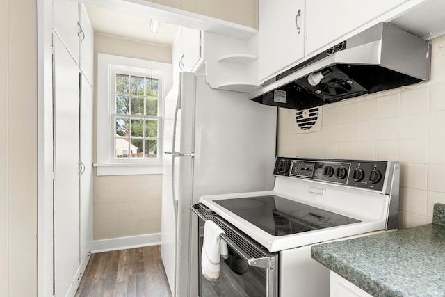 kitchen with white cabinets, white range, and dark wood-type flooring