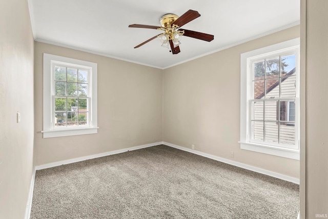 spare room featuring carpet, ceiling fan, and crown molding