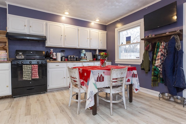 kitchen with white cabinetry, ornamental molding, light wood-type flooring, and black range with electric cooktop