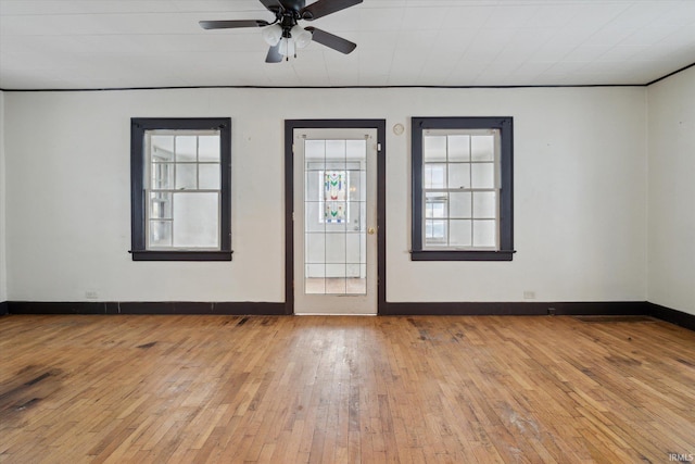 spare room with ceiling fan and light wood-type flooring