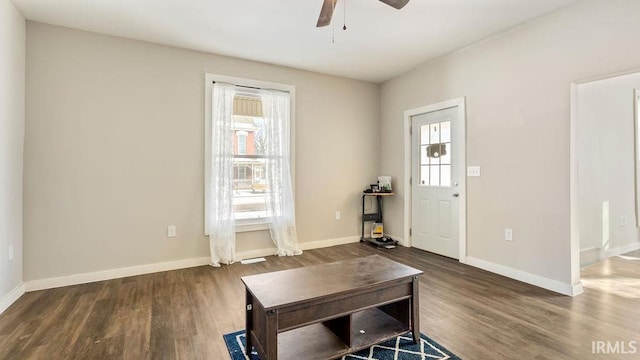 foyer entrance featuring ceiling fan, a healthy amount of sunlight, and dark wood-type flooring