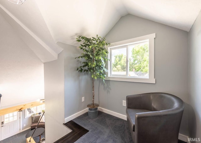 sitting room with dark colored carpet, a healthy amount of sunlight, and lofted ceiling