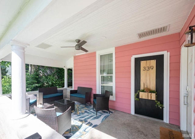 view of patio / terrace featuring ceiling fan and an outdoor hangout area