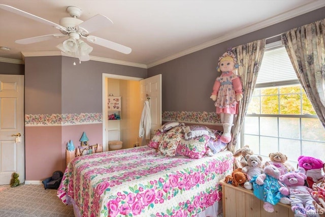 carpeted bedroom with ceiling fan and crown molding