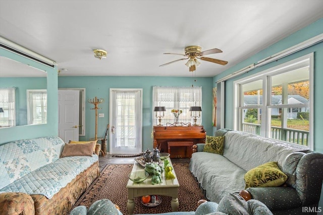 living room featuring ceiling fan