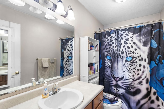 bathroom featuring vanity, a textured ceiling, toilet, and curtained shower