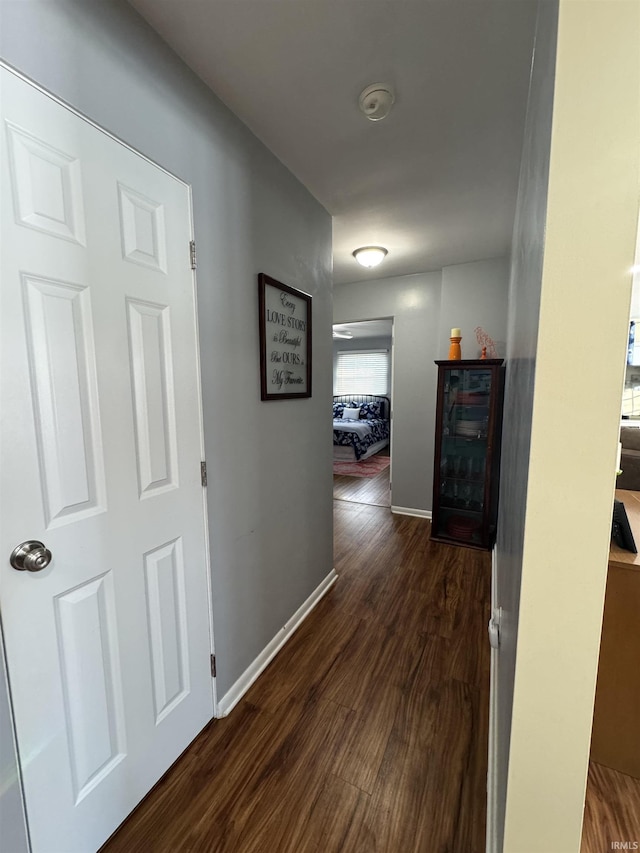 corridor with dark hardwood / wood-style flooring