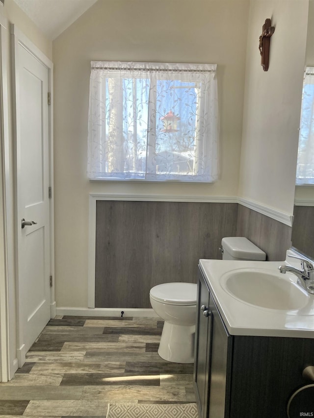 bathroom featuring vanity, wood-type flooring, vaulted ceiling, and toilet