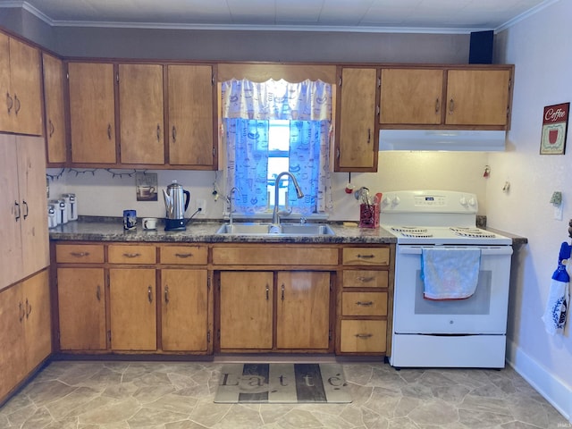 kitchen featuring white electric range, sink, and ornamental molding