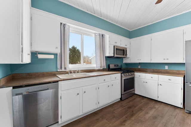 kitchen with appliances with stainless steel finishes, wood ceiling, sink, dark hardwood / wood-style floors, and white cabinetry