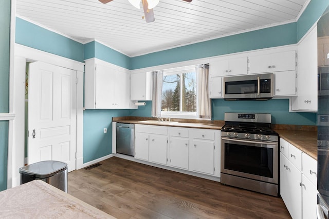 kitchen featuring dark wood-type flooring, white cabinets, sink, ceiling fan, and stainless steel appliances