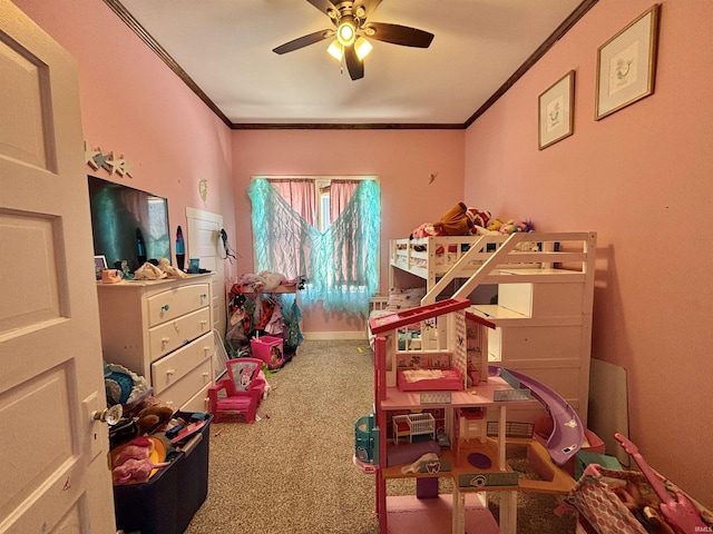 bedroom featuring carpet, ceiling fan, and ornamental molding