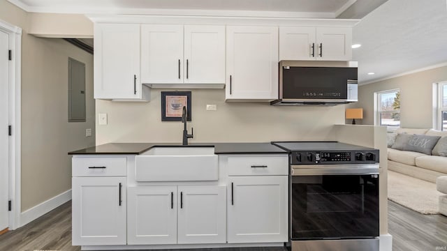 kitchen with white cabinetry, sink, range with electric stovetop, crown molding, and wood-type flooring